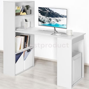 May include: White computer desk with a built-in bookshelf and storage compartments. The desk has a white top and a white base with a closed cabinet door. The bookshelf has two shelves and the storage compartments have two shelves.