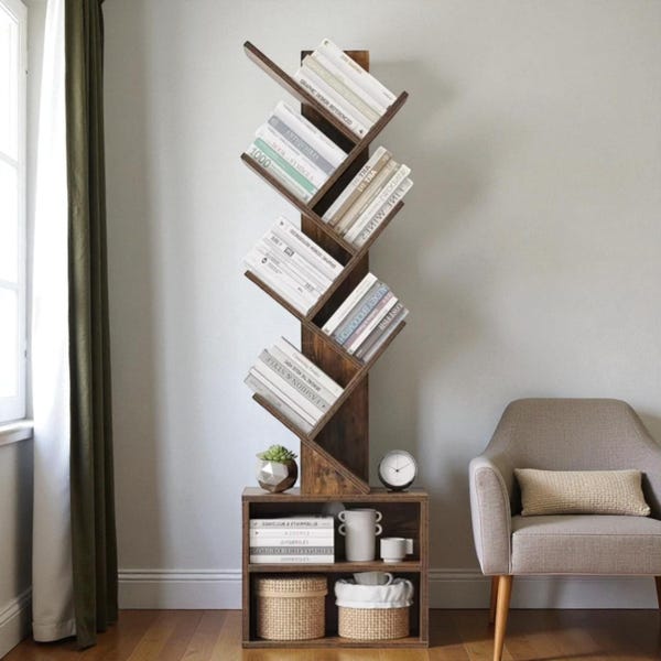 6 tier bookshelf, slim bookshelf wood for tight spaces, modern rustic decor for living room