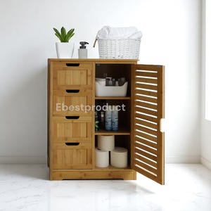 May include: A light brown bamboo cabinet with four drawers and a side door with horizontal slats. The cabinet is open, revealing shelves with toiletries, toilet paper, and a white basket on top.