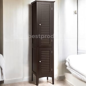 Tall gray wooden standing bathroom cabinet, a 5-tier freestanding narrow storage tower with two louvered doors.