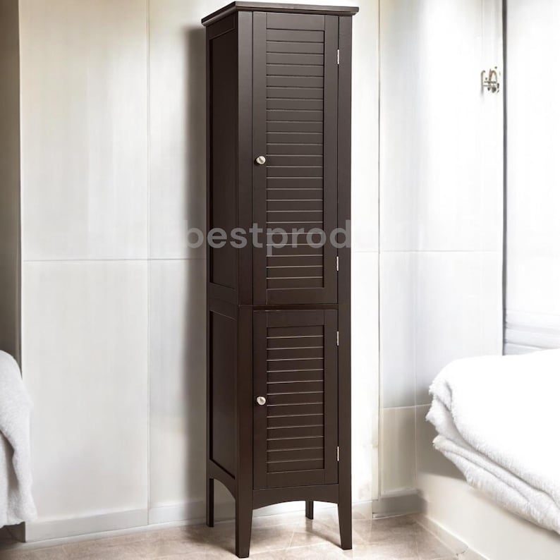 Tall gray wooden standing bathroom cabinet, a 5-tier freestanding narrow storage tower with two louvered doors.