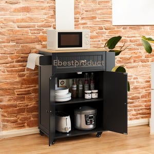Kitchen Island Cart – 33″ Wide Mobile Trolley with Adjustable Shelf, Drawer, Storage Cabinet, Spice & Towel Rack, Wooden Top