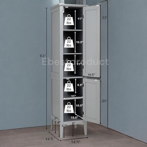 Tall gray wooden standing bathroom cabinet, a 5-tier freestanding narrow storage tower with two louvered doors.