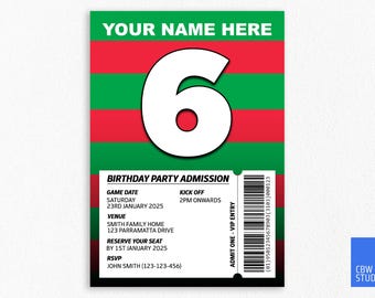 Faire-part d'anniversaire des South Sydney Rabbitohs : thème de la ligue de rugby (téléchargement numérique)