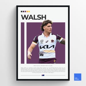 Reece Walsh, Brisbane Broncos de la NRL: pósteres deportivos para dormitorio y arte minimalista para pared de oficina.