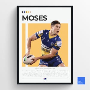 May include: A yellow and blue rugby jersey with the word "MOSES" in black text at the top of the image. The jersey has the Parramatta Eels logo on the chest and the number 788 on the back. The player is holding a rugby ball in his right hand. The image has a white background with a black border.