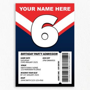 Sydney Roosters Custom Birthday Party Invitation | NRL, Rugby League Party, Digital Download, Sports Themed Party Invite