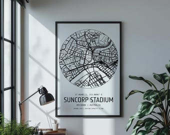 Impression de carte du stade Suncorp - Poster d'art mural sportif - Ligue de rugby - Cadeau de fan - Téléchargement numérique