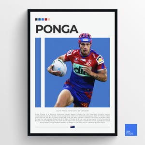 May include: A digital illustration of Kalyn Ponga, a rugby league player for the Newcastle Knights. He is wearing a red, white and blue jersey with the number 296 on the back. He is holding a rugby ball in his right hand and is running towards the right side of the image. The background is a blue gradient.