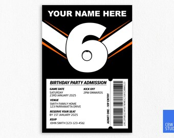 Faire-part d'anniversaire Wests Tigers : thème de la ligue de rugby (téléchargement numérique)