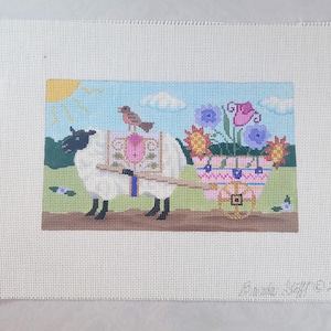 Whimsical Sheep with Floral Cart HanNeedlepoint Canvas