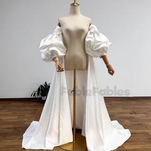 Minimalist Wedding Cape with Sleeve, Puff Sleeves Bridal Cloak,Soft Satin Wedding Cape Off the Shoulder Cape Backless Capelet Handmade Cloak