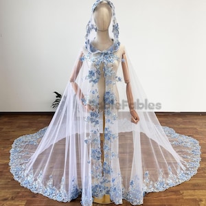 Dramatic Blue Wedding Cape Veil 3D Flowers Hooded Cloak Veil Kings Celestial Draped Wedding Cape Veil Cape Blue &White Angel Cut Cape Veil