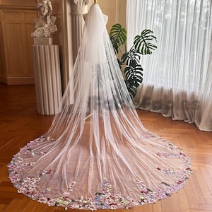 Vintage Burgundy Wedding Veil for Flower Faerie Embroidered Lace  Veil,Fairy Blue& Pink Veil with Flowers Brown Blue Flower Veil
