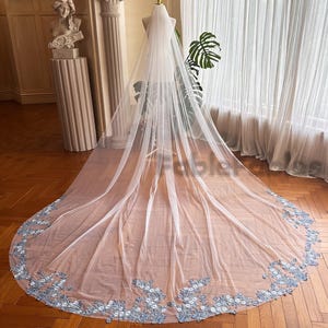 Cathedral Wedding Veil: Handmade Ivory Lace with 3D Blue Flowers