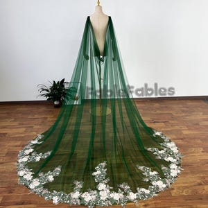 Gothic Emerald Green Wedding Cape Veil: Flower Lace Bridal Cloak, Church Length