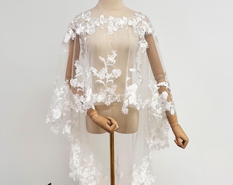 Bohemian Wedding Shawl Wraps with Flower Lace Edge Bridal Cover up Long Capelet Topper for Wedding Long Shawl Cloak Boho Wedding Cape Veil