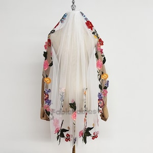 Colorful Embroidery Wildflowers Lace Wedding Veil for Flower Faerie Veil,Fairy Bridal Veil,Red& Pink Flower Trim Veil with Red Embellishment