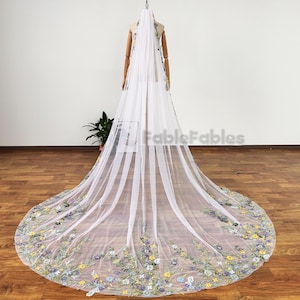 Embroidered Wildflower Cathedral Wedding Veil: Purple & Blue Floral Boho Bridal Veil