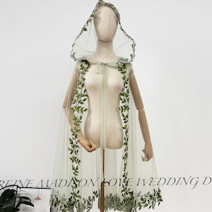 Vintage Sage Green Tulle Wedding Cape: Forest Leaf Trim, Bridal Hoodie