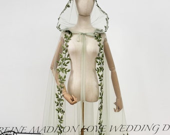 Vintage Sage Green Tulle Wedding Cape: Forest Leaf Trim, Bridal Hoodie