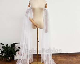 White Tulle Wedding Sleeves: Detachable Flutter Sleeves with Train