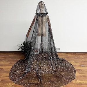 Gothic Black Hooded Cape Starry Stars Veil with Hoodie Sparkle Hexagram Celestial Veil Festival Party Cloak Long Capelet Wedding Cape Veil