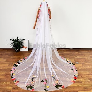 Elegant White Wedding Veil for Flower Faerie Veil, Embroidered Veil, Wildflowers Veil,Red& Pink Flowers Veil with Embellishment, Chapel Veil