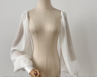 Minimalist Silk Chiffon Puff Sleeves, Detachable Sleeve with Buttons, Bridal Accessories, Removable Sleeve Wedding Sleeve Attachable Sleeves