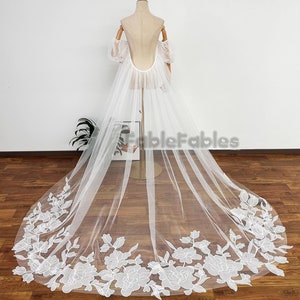 Backless Wedding Cape with Puff Sleeves ,Boho Bridal Cloak,Flower Lace Cape Wedding Sleeves and Cape,Off the Shoulder Cape Organza Appliques
