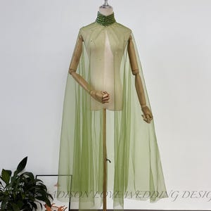 Grass Green Wedding Cape: Beaded Collar, Formal Bridal Cloak