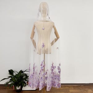 Violet Wedding Cloak: Romantic Hooded Lace Veil Cape with Flowers