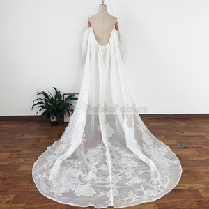 Bohemian Wedding Cape: White Organza Bridal Cloak with Flower Lace Sleeves