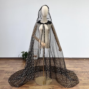 Gothic Black Hooded Cape Starry Stars Veil with Hoodie Sparkle Hexagram Celestial Veil Chapel Veil, Festival Party Veil, Custom Cape Veil