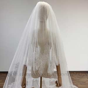 Starry Tulle Wedding Veil: Beaded Flower, Cathedral Length
