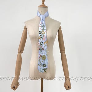 Embroidered Wildflower Blue Necktie: Boho Wedding Tie