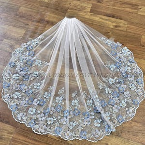 Elegant Blue Flower Wedding Veil: Embroidered Vine, Pearled Fingertip Veil