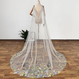 Vintage Gray Tulle Wedding Cape: Embroidered Floral Lace Veil