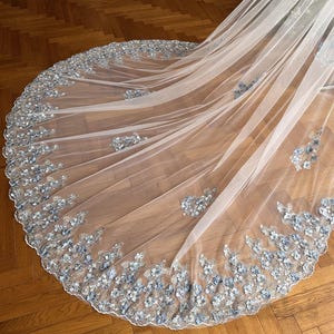 Pearled Blue Flower Wedding Veil: Embroidered Cathedral Bridal Veil