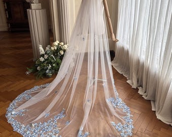 Floral Embroidered Chapel Wedding Veil: Blue Flower Embellishment