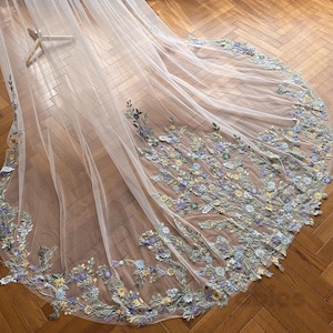 Embroidered Floral Wedding Veil: Blue Wildflower Cathedral Veil