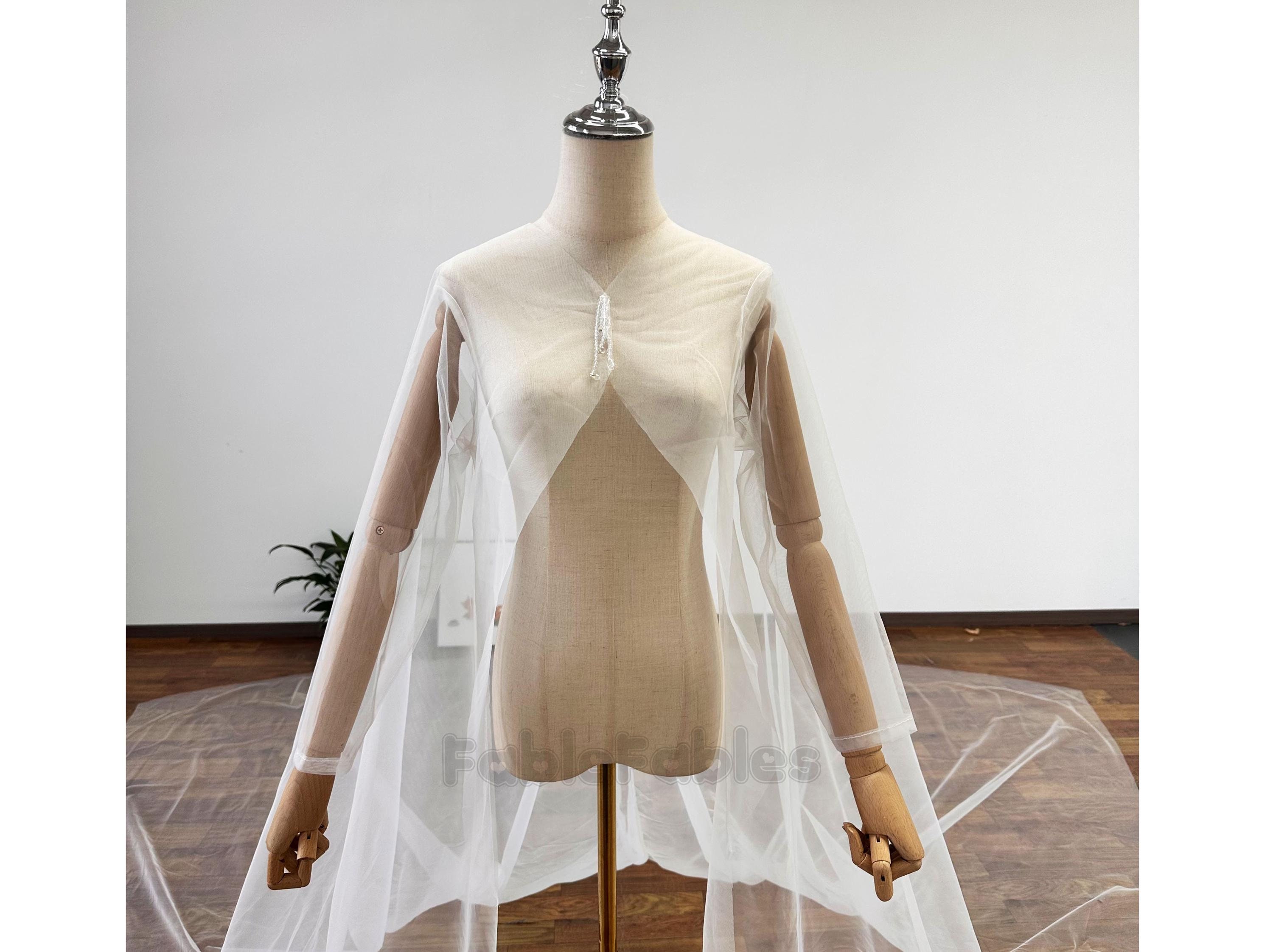 Minimalist Tulle Wedding Cape: Long Sleeves, Deep V Back