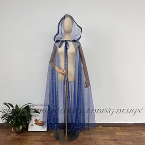 Gothic Navy Wedding Cape Veil with Hoodie Starry Hexagram Celestial Black Cloak Starry Sky Bridal Cape Galaxy Long Capelet