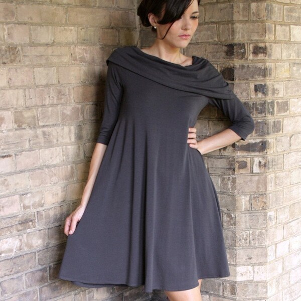 Flowing Capelet Dress- charcoal dress shown, sizes xs, s, m,l, xl, 1x, 2x, 3x