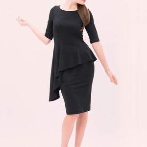 Mia - Asymmetrical Peplum Dress - knee length with 3/4 sleeves in black - cocktail dress - modest dress - modal jersey - little black dress