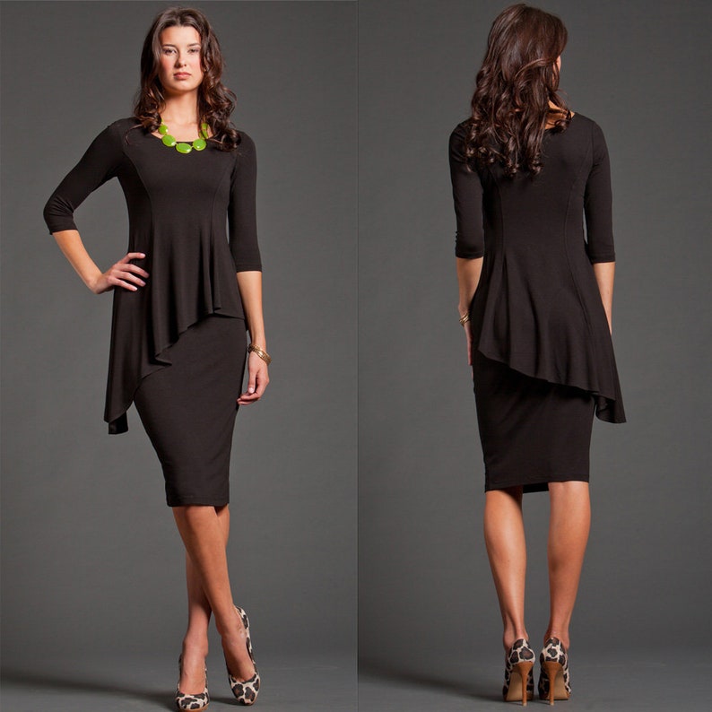 Mia Asymmetrical Peplum Dress knee length with 3/4 sleeves in black cocktail dress modest dress modal jersey little black dress image 3