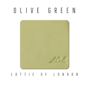 May include: A square sample of olive green paint with the number "404" written on it. The paint is from Lottie of London.