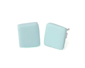 Square Stud Earrings for Women in Pale Blue - Simple Clay Studs, Geometric Jewellery Gifts for Her Under 5