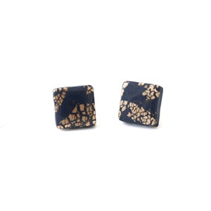Navy Blue and Gold Leaf Stud Earrings for Women, Minimalist Square Clay Jewellery and Christmas Gifts for Her Under 10