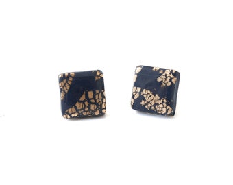 Navy Blue Stud Earrings for Women with Gold Leaf  - Simple Square Geometric Studs, Mix and Match Clay Jewellery Gifts for Her Under 5